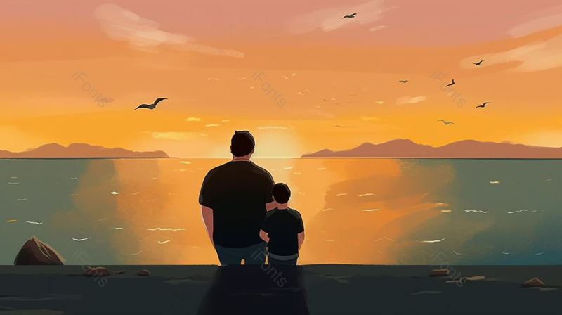 父子在海边相互依偎温馨绘画,插画/手绘图,插画/手绘图库,插画/手绘图下载,插画/手绘